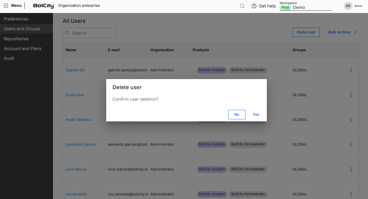 Confirmación de eliminación de un usuario Captura de pantalla de la Plataforma BotCity, en la tabla "Todos los usuarios", con el cuadro de confirmación "Delete user" abierto, que pregunta si debe confirmarse la eliminación del usuario y muestra los botones No y Yes.