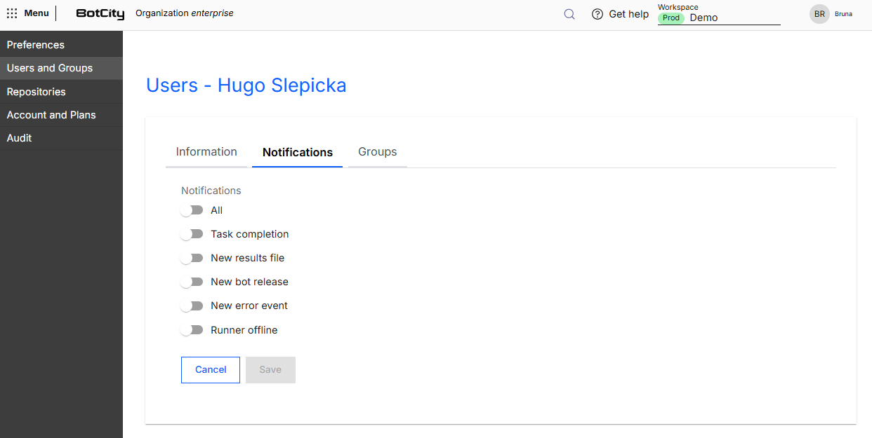 Pestaña de notificaciones de un usuario Captura de pantalla de la Plataforma BotCity, en la pestaña Notifications de la página de un usuario, que muestra los selectores de los eventos All, Task completion, New results file, New bot release, New error event y Runner offline, todos deshabilitados, y los botones Cancel y Save.