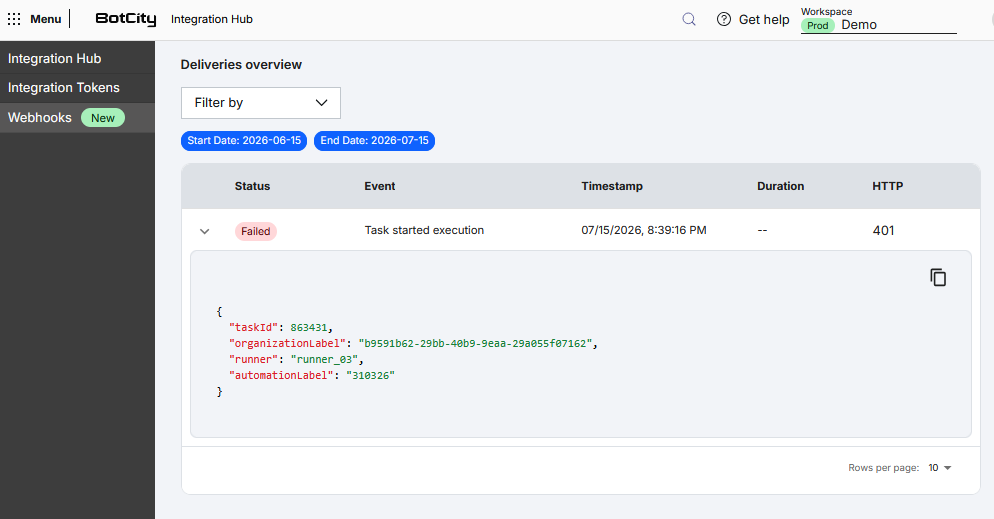 Webhook deliveries overview Screenshot of the BotCity Orchestrator, showing a webhook's Deliveries overview screen. The screen displays the Filter by field and the Start Date and End Date filters, plus a table with the columns Status, Event, Timestamp, Duration, and HTTP. The first row, with Failed status, is expanded showing the payload sent in JSON format and a button to copy it.