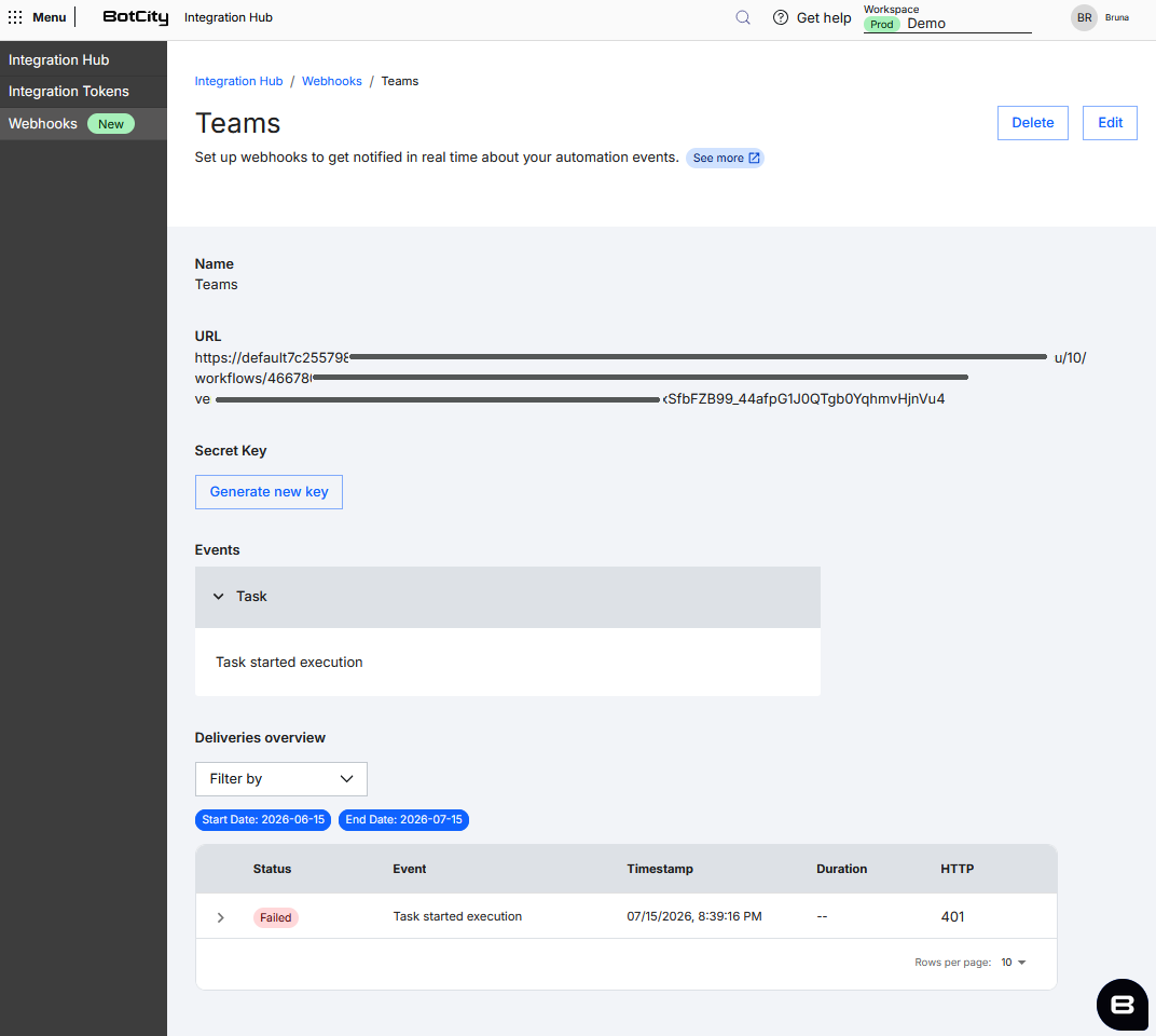 Webhook details Screenshot of the BotCity Orchestrator, showing a webhook's details page. The page displays the Delete and Edit buttons in the top right corner, the Name and URL fields, the Secret Key section with the Generate new key button, the Events section with the Task category expanded showing the Task started execution event, and the Deliveries overview section with the Filter by field, the Start Date and End Date filters, and a table with the columns Status, Event, Timestamp, Duration, and HTTP.