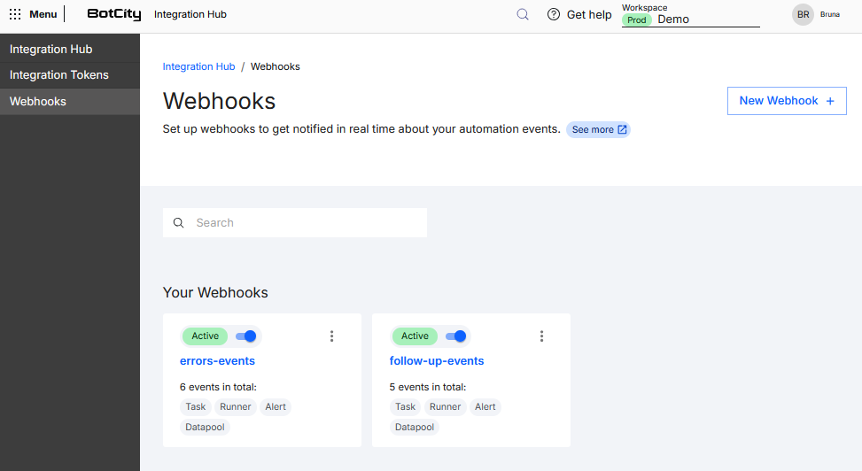 Integration Hub Webhooks page Screenshot of the BotCity Orchestrator, showing the Integration Hub Webhooks page. The page displays the New Webhook button in the top right corner, a search field, and the Your Webhooks section with two cards: "errors-events", active, with 6 events in total (Task, Runner, Alert, Datapool), and "follow-up-events", active, with 5 events in total (Task, Runner, Alert, Datapool).