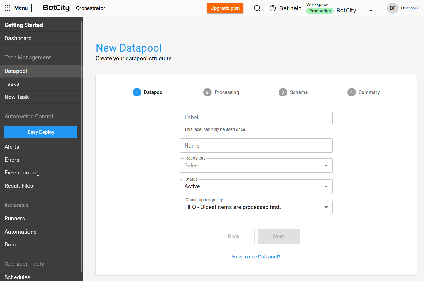 Step-by-step Datapool creation screen
